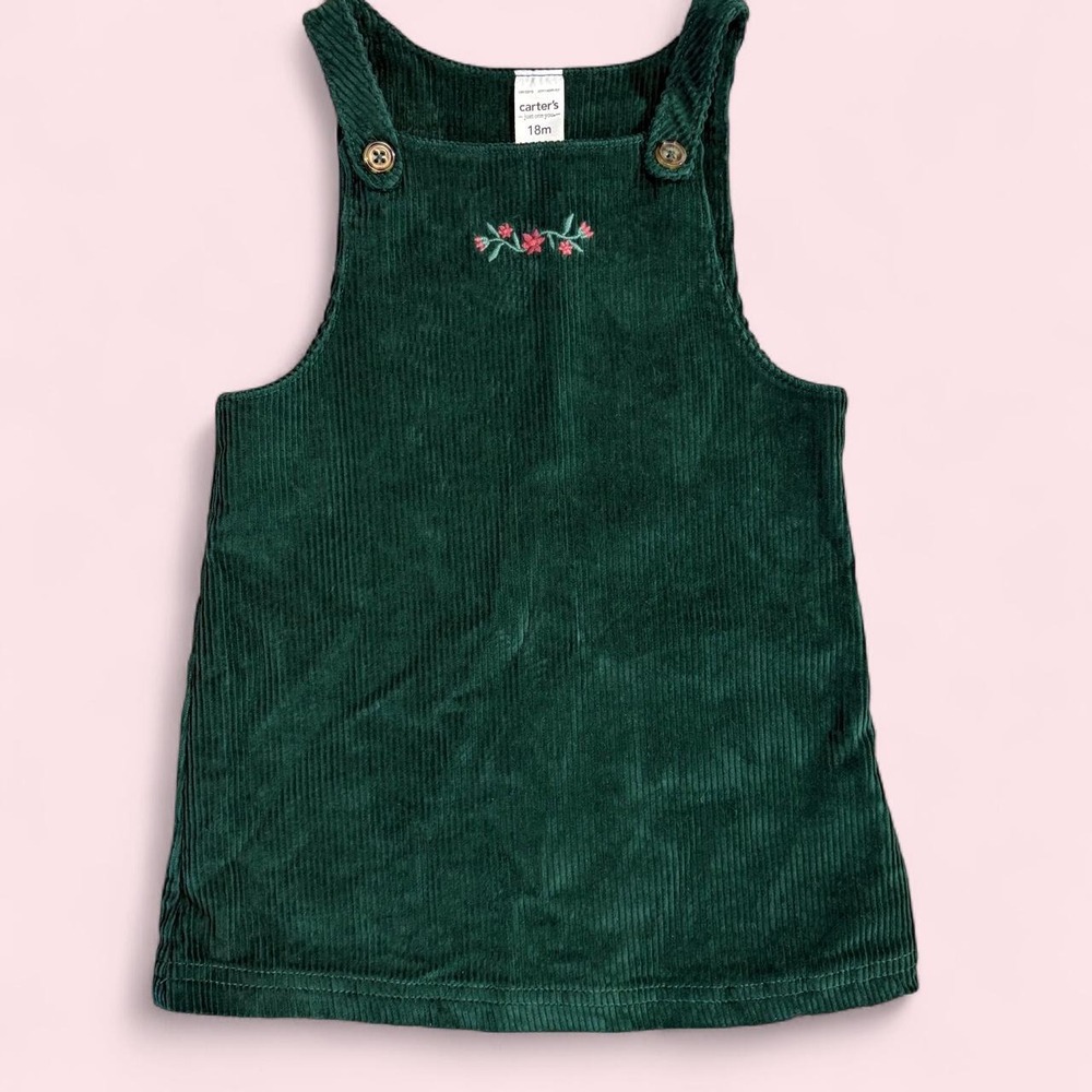 NWOT Carter's Girls Cotton Green Corduroy Dress With Embroidered Flowers 18M